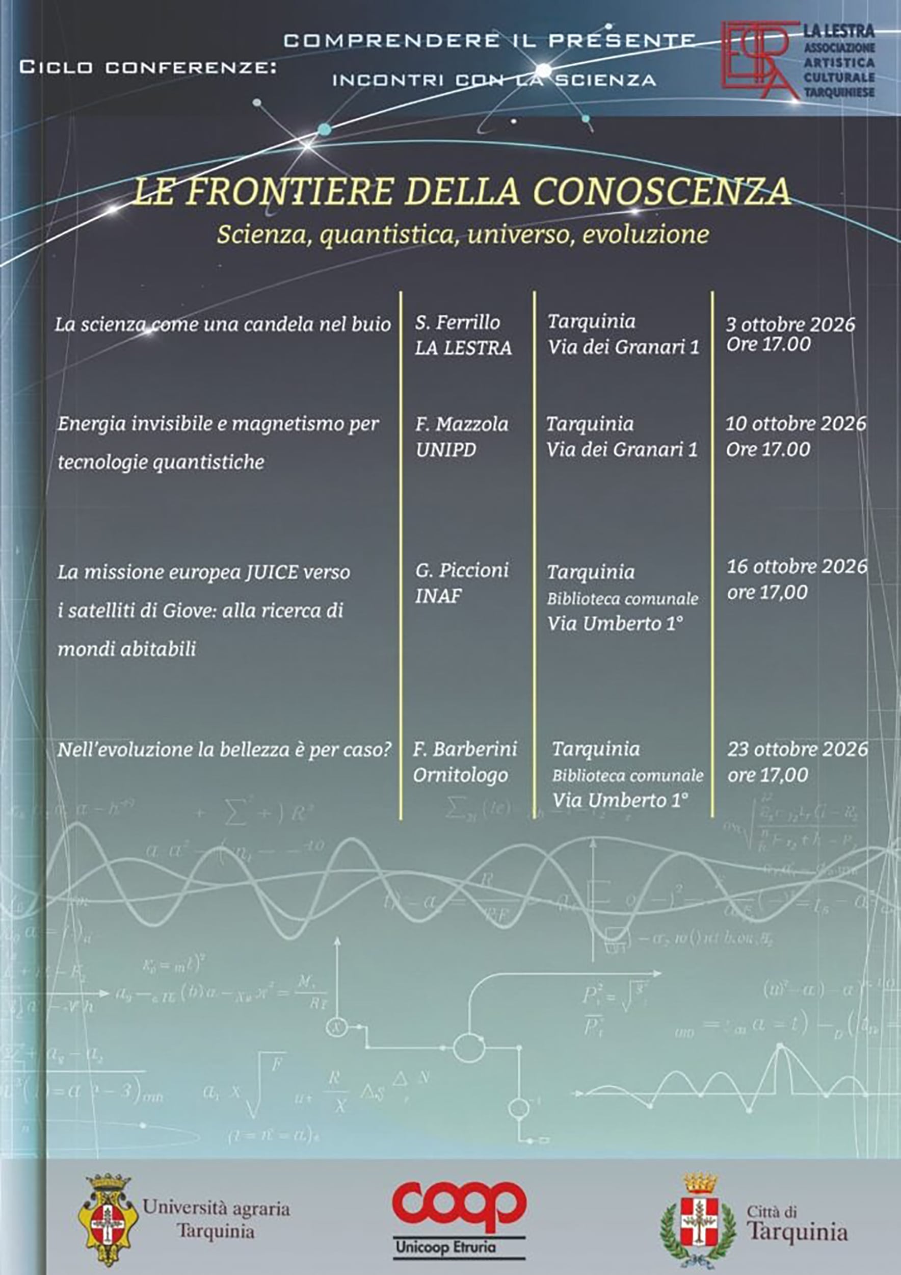 Lestra-comprendere-il-presente-2500 Locandina della rassegna scientifica Comprendere il presente organizzata a Tarquinia