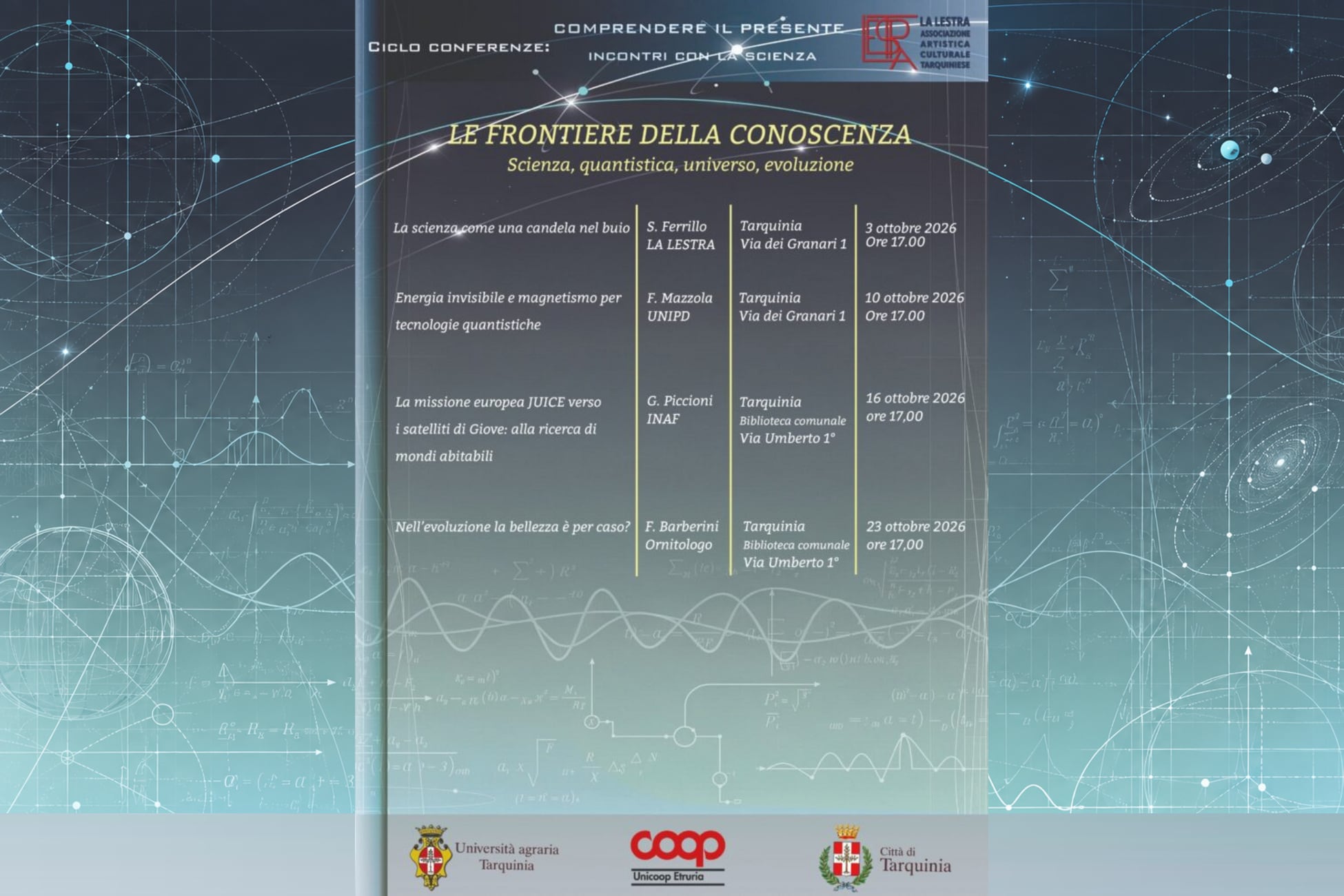 Locandina della rassegna scientifica Comprendere il presente organizzata a Tarquinia