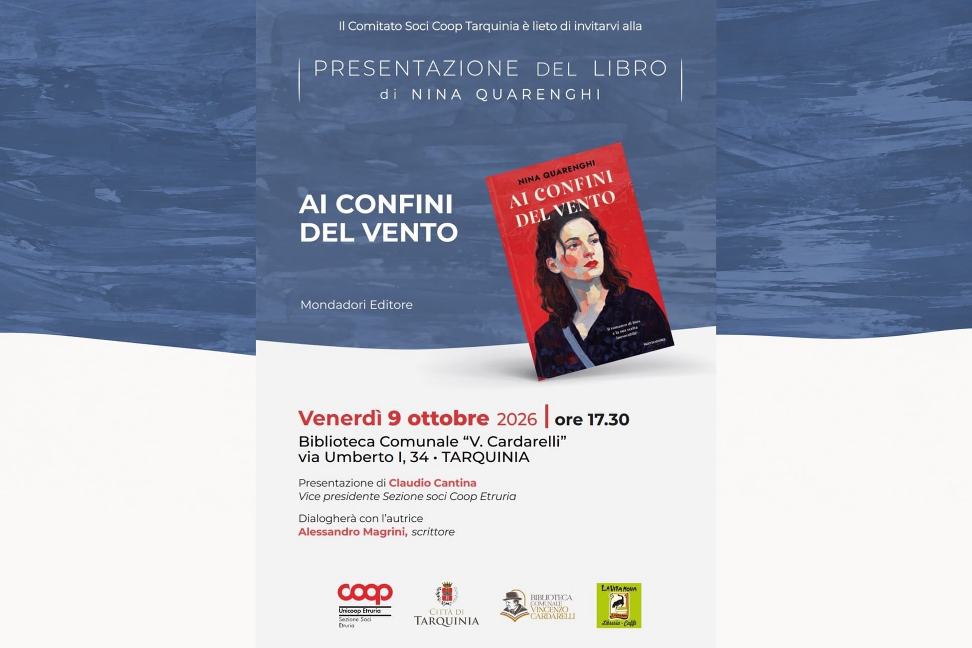Locandina della presentazione del libro Ai confini del vento di Nina Quarenghi a Tarquinia
