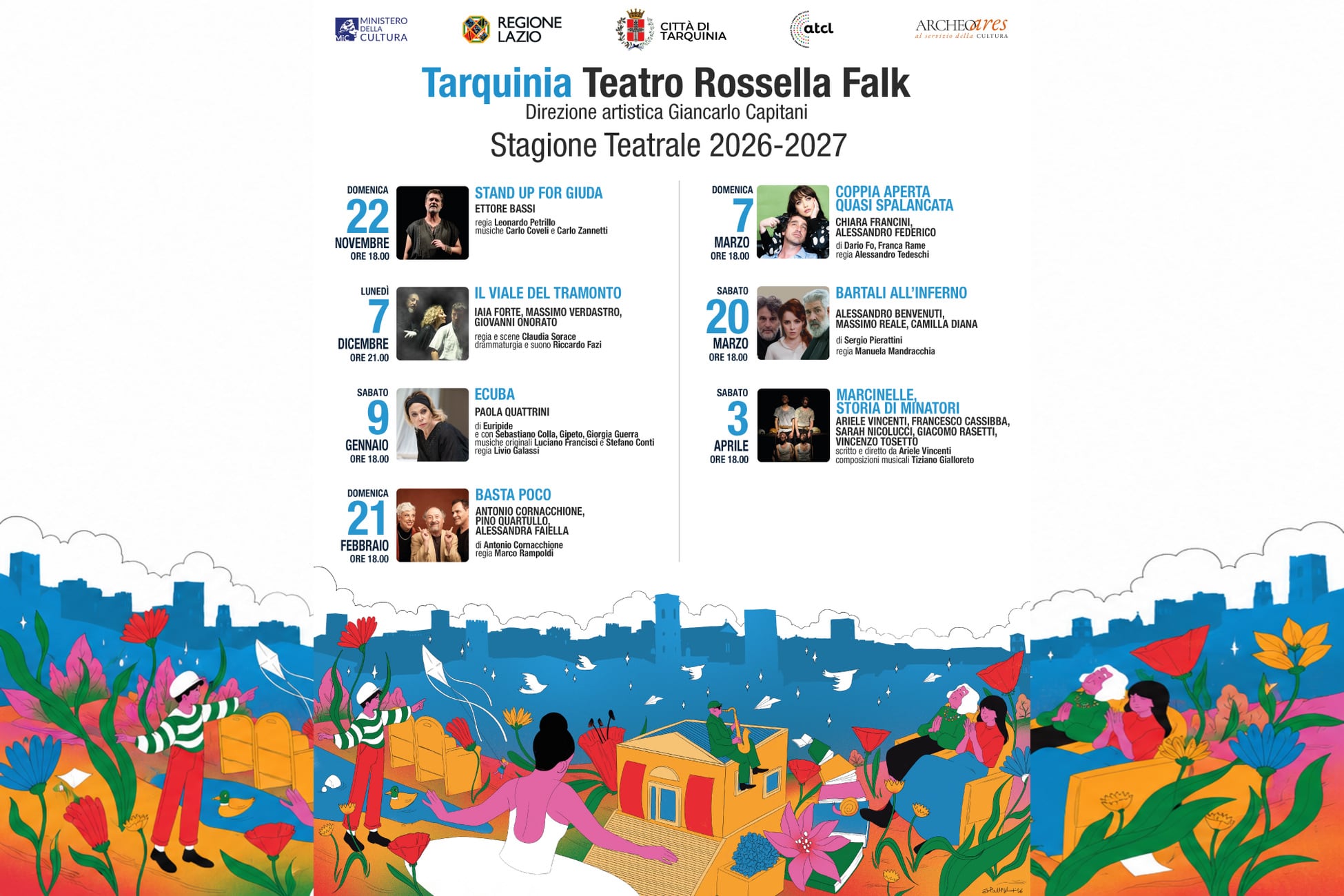 Locandina della stagione teatrale 2026-2027 del Teatro Rossella Falk di Tarquinia